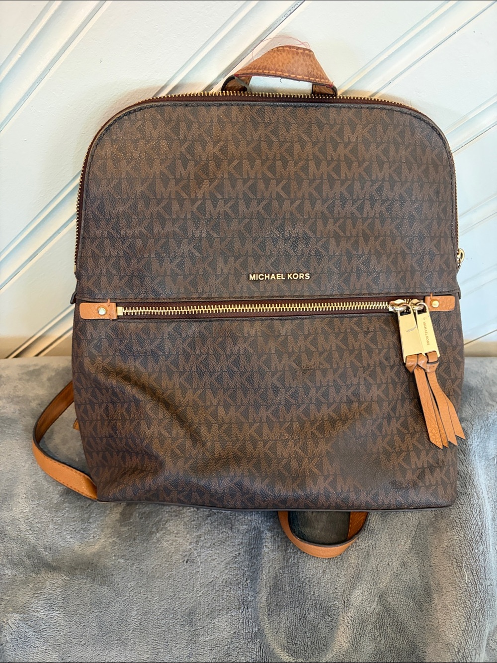 Michael Kors Brown Signature Monogram Backpack with Tan Accents